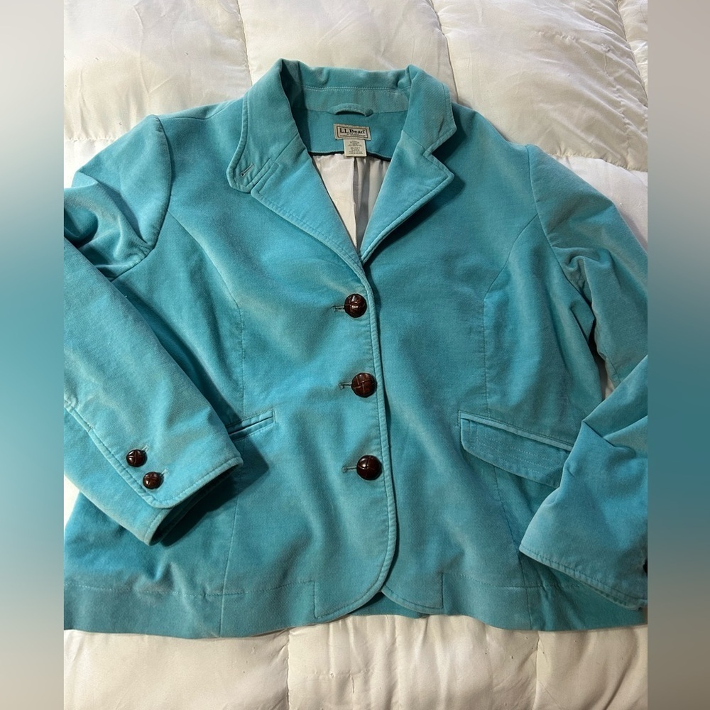 LL Bean Three Button Lined Turquoise Blue Velvet Blazer 20P